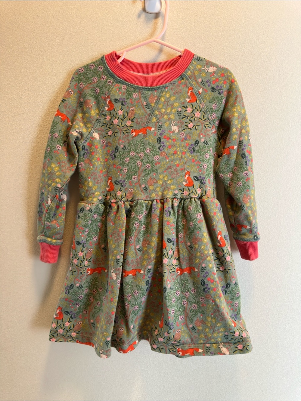 Mini Boden Green Fox & Floral Dress with Pink Trim